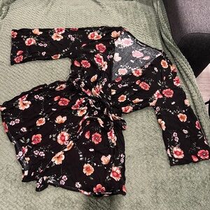 SHEIN romper with tie at waist. Black and pink floral pattern- Medium
